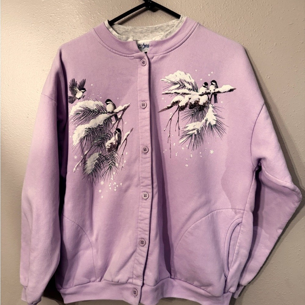 Pink vintage 90s Artisans cardigan sweatshirt with chickadees and pinecones